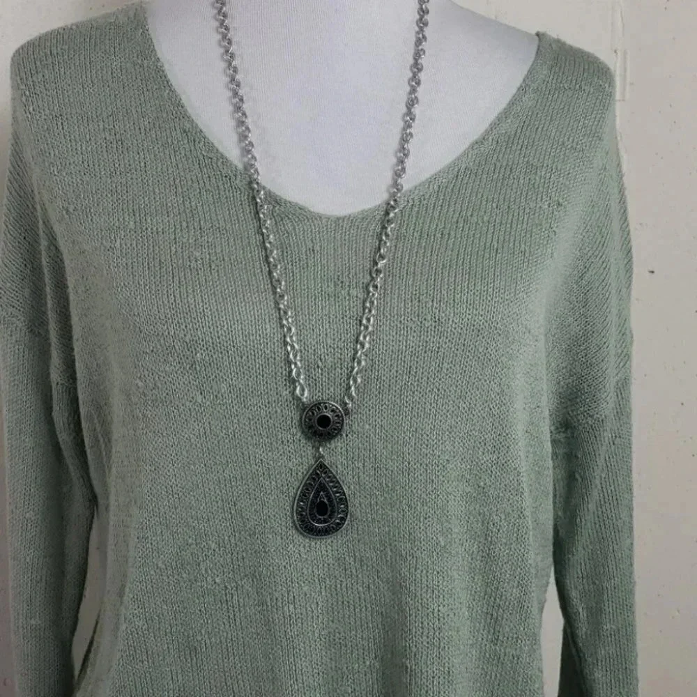 Bijoux Stella Pendant Necklace OS Silver Black Boho Teardrop Long Adjustable 32